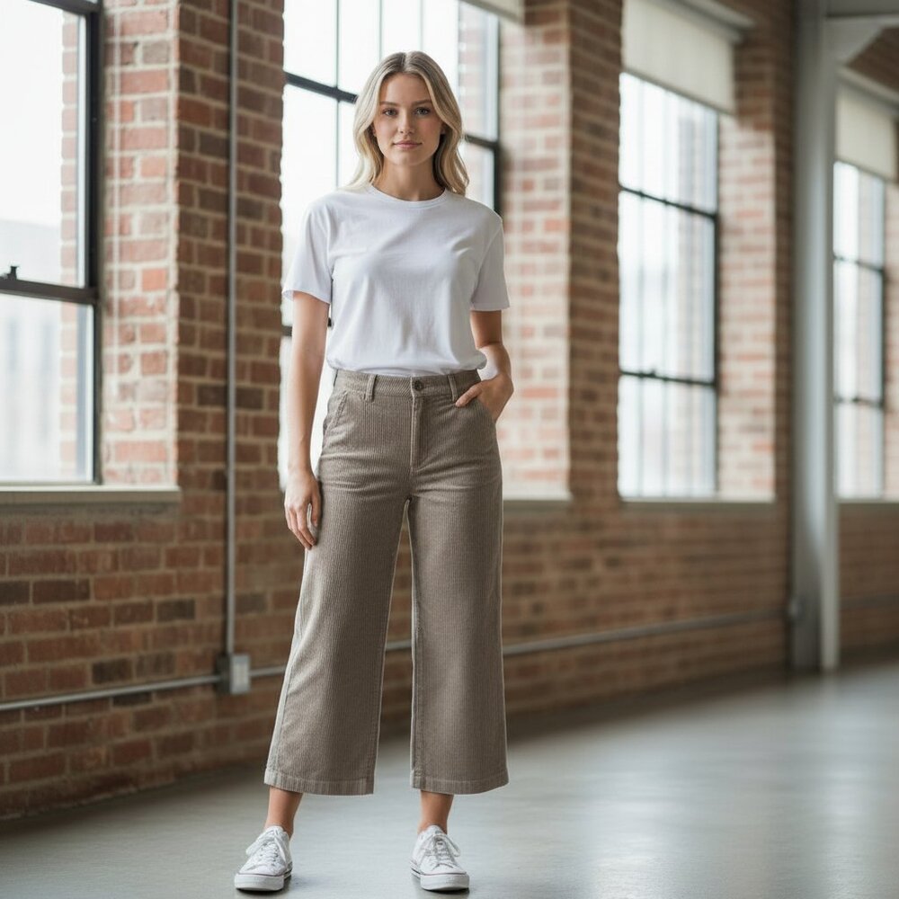 Tan Wide Wale Corduroy Cropped Pants Soft Relaxed Fit Wide Leg Casual